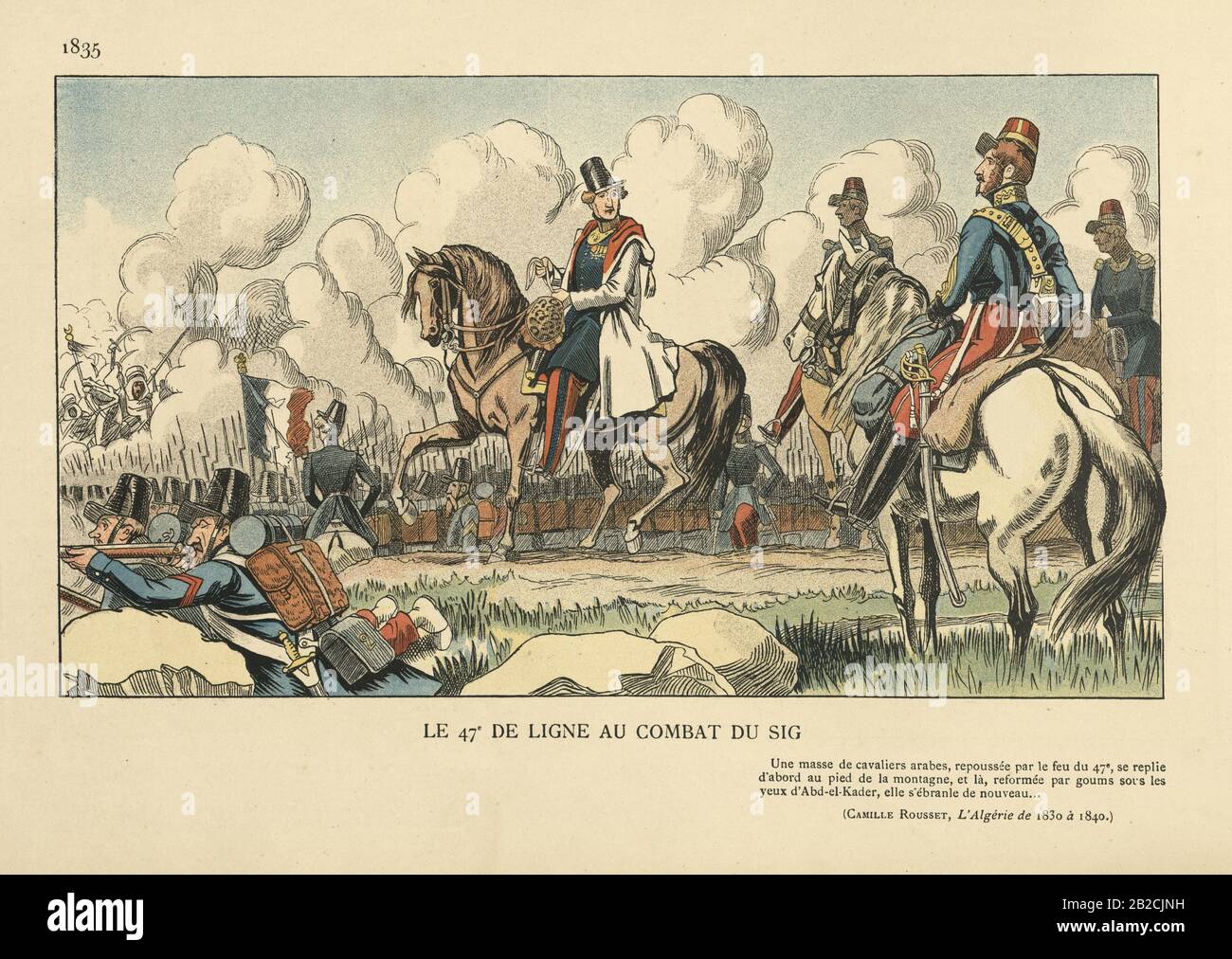 Französische Soldaten der 47 Linieninfanterie im Kampf bei der Schlacht von Sig, im Jahr 1835. Die Schlacht von Sig fand vom 26. Bis 27. Juni im Wald von Moulay Ismael bei Wadi Sig, Algerien, statt. Stockfoto