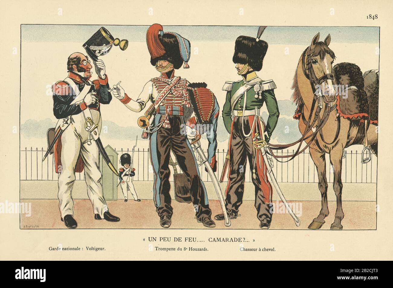 Französische Militäruniformen 1840er Jahre, Garde nationale, Voltigeur. Trooper der 8. Hussaren, Chasseur a cheval, Cavalry, 19. Jahrhundert Stockfoto