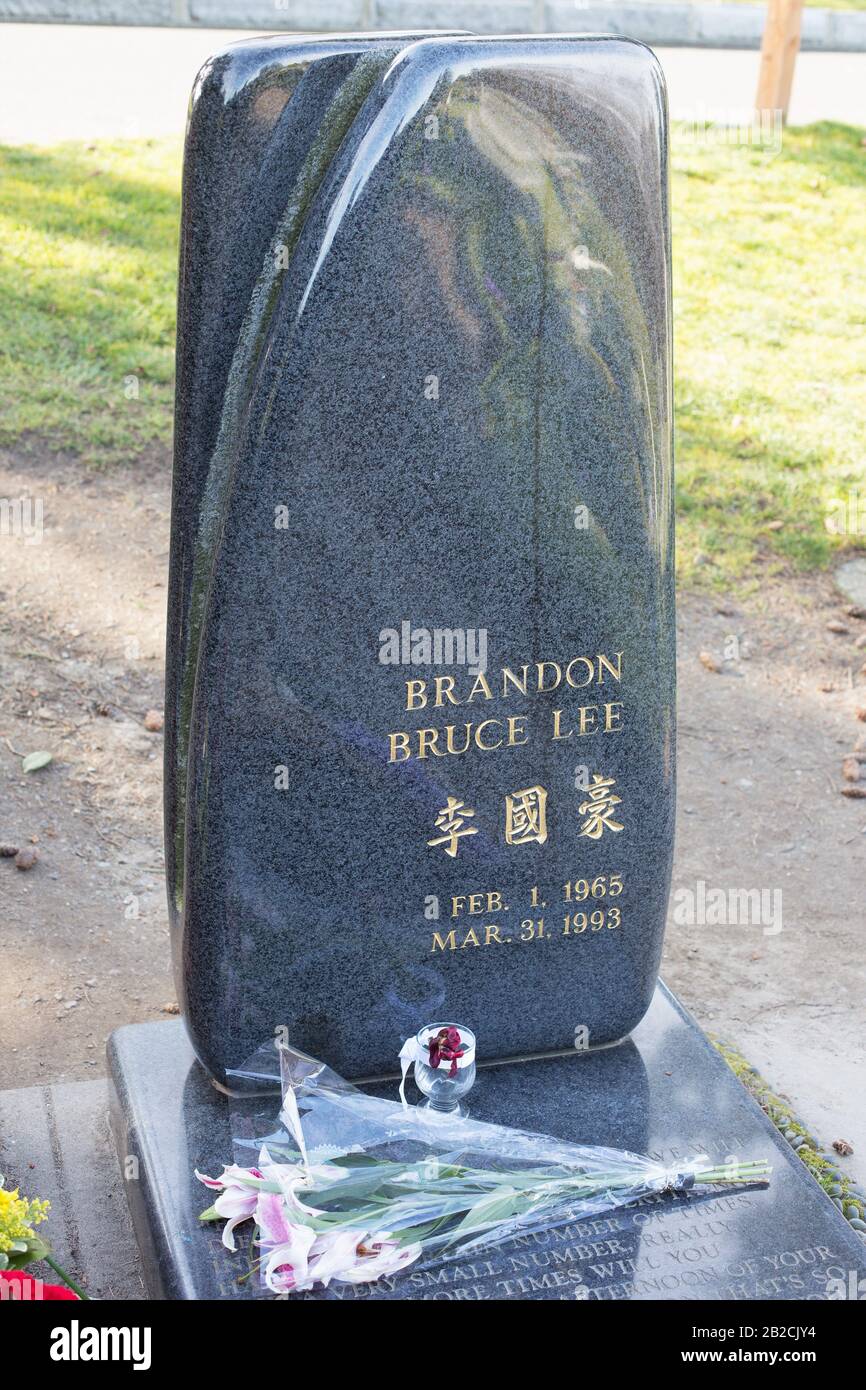 Das Grab von Brandon Lee auf dem Lake View Cemetery in Seattle, Washington, USA. Stockfoto