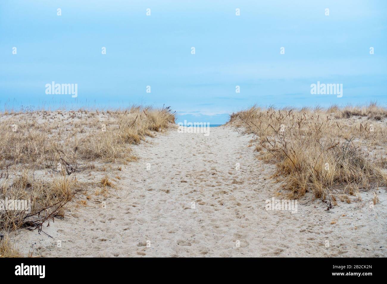 Pfad zum Strand durch Sanddünen und Strandgras mit Meer dahinter Stockfoto