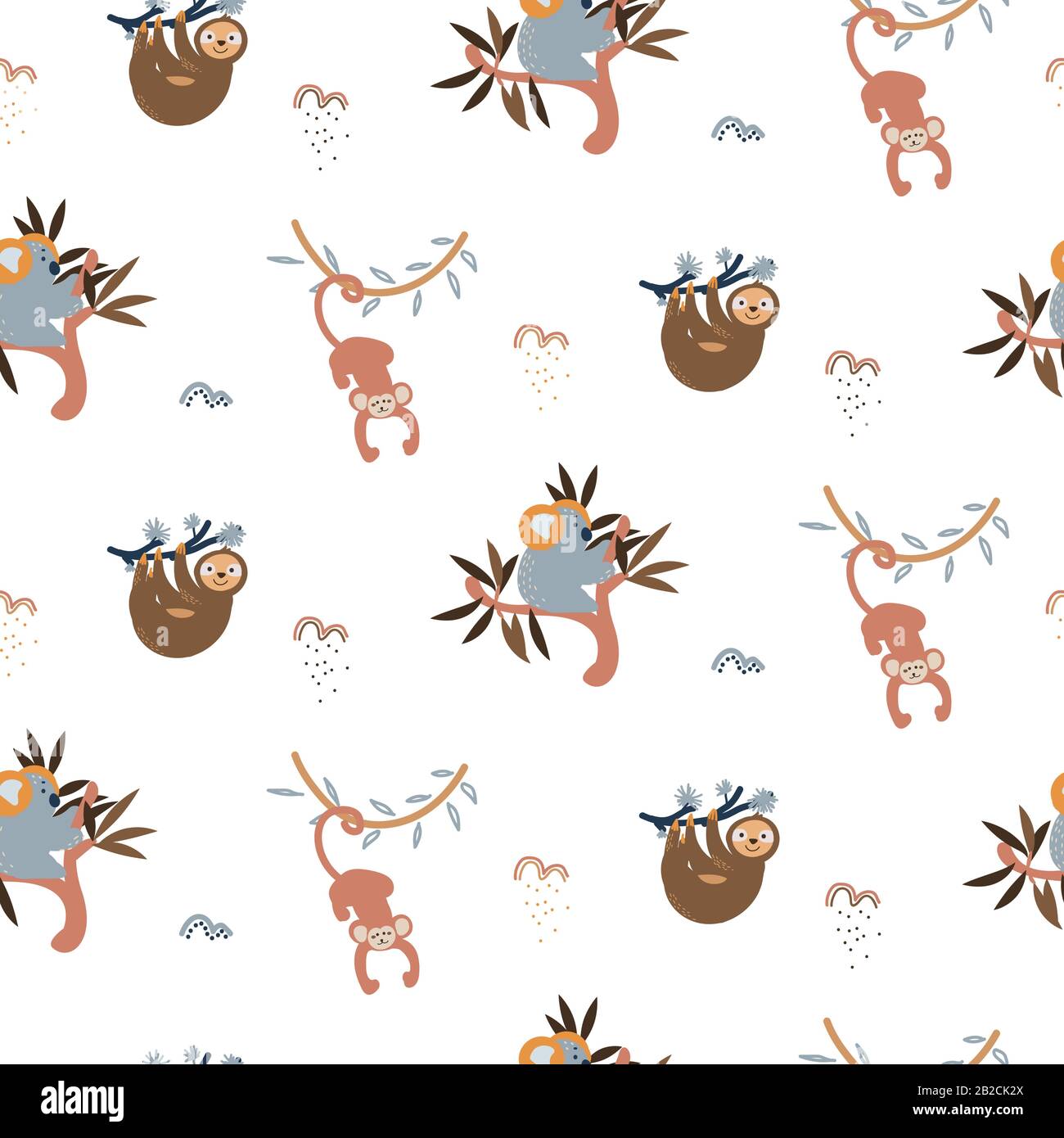 Dschungel Tiere Spaß niedlich nahtlose Muster Vektor. Kindlicher Cartoon-Hintergrund mit Affen, Koala und Faultier. Stock Vektor