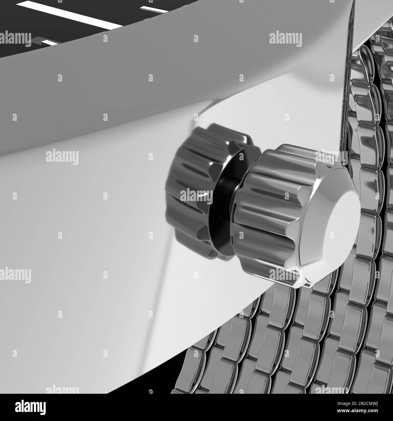 3D-Renderfunktion mit Vollmetalluhr, die Krone und Zeigezeiger zeigt Stockfoto