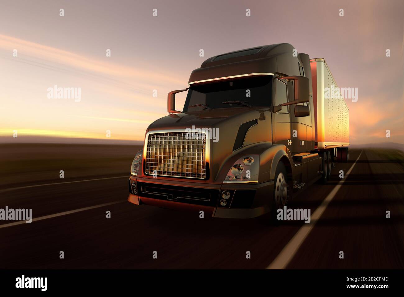 3D-Rendering eines Lastwagens auf der Straße bei Sonnenuntergang Stockfoto