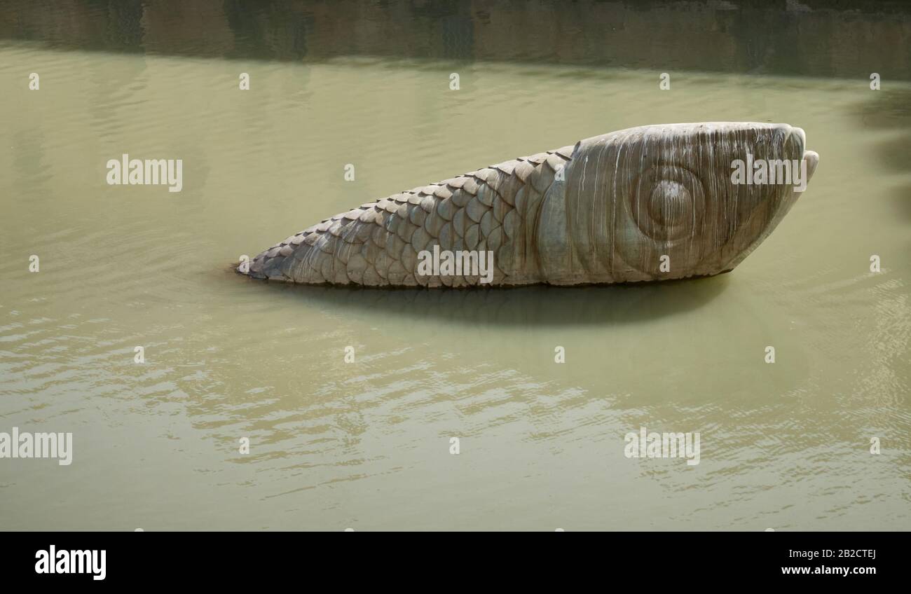 Nahaufnahme der Fischskulptur im Fluss Segura, Murcia, Murcia, Spanien Stockfoto