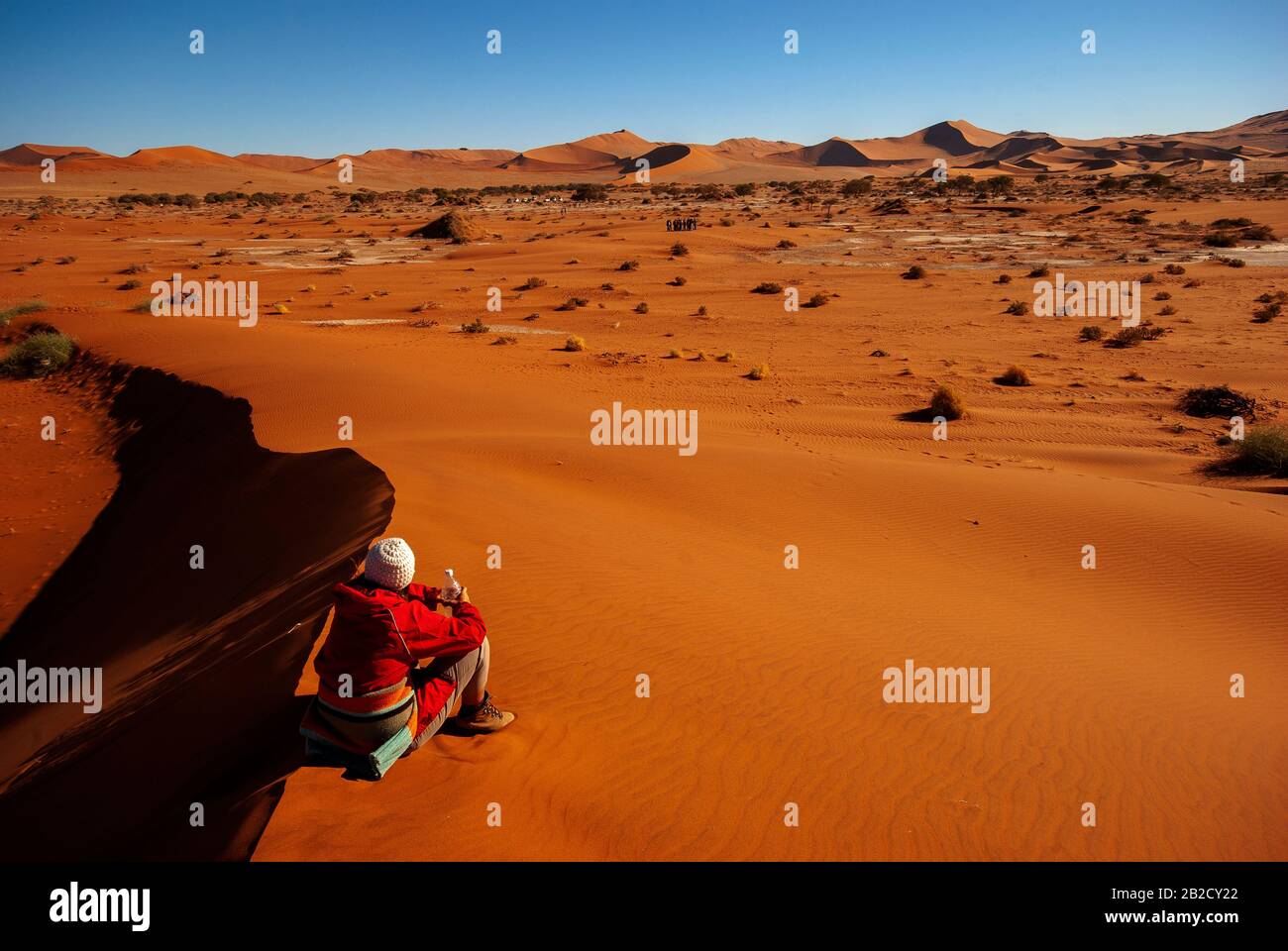 Touristen auf der großen Düne in der Nähe von Dead Vlei, Sossusvlei, Namib Naukluft National Park, Namibia Stockfoto