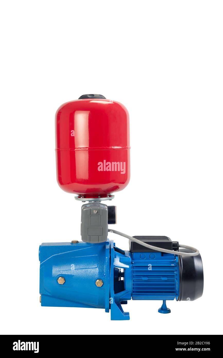 Wasserpumpen-Lufttank angeschlossen komplette Führung isoliert weißer hinterer Zackenbarsch rot und blau Stockfoto