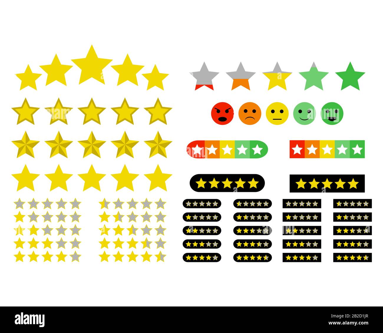 Legen Sie Bewertungselemente fest. Flat Stars und Emoticons Stockfoto