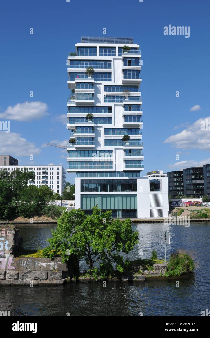 Wohnturm regte Levels´, Muehlenstrasse, Friedrichshain, Berlin, Deutschland Stockfoto