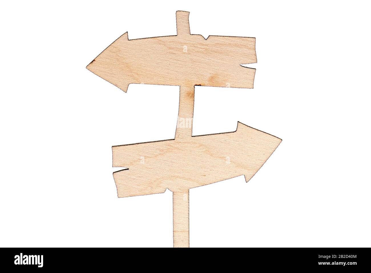 Holzpfeile, Hinweisschilder, auf weißem Hintergrund isolierte Zeiger Stockfoto