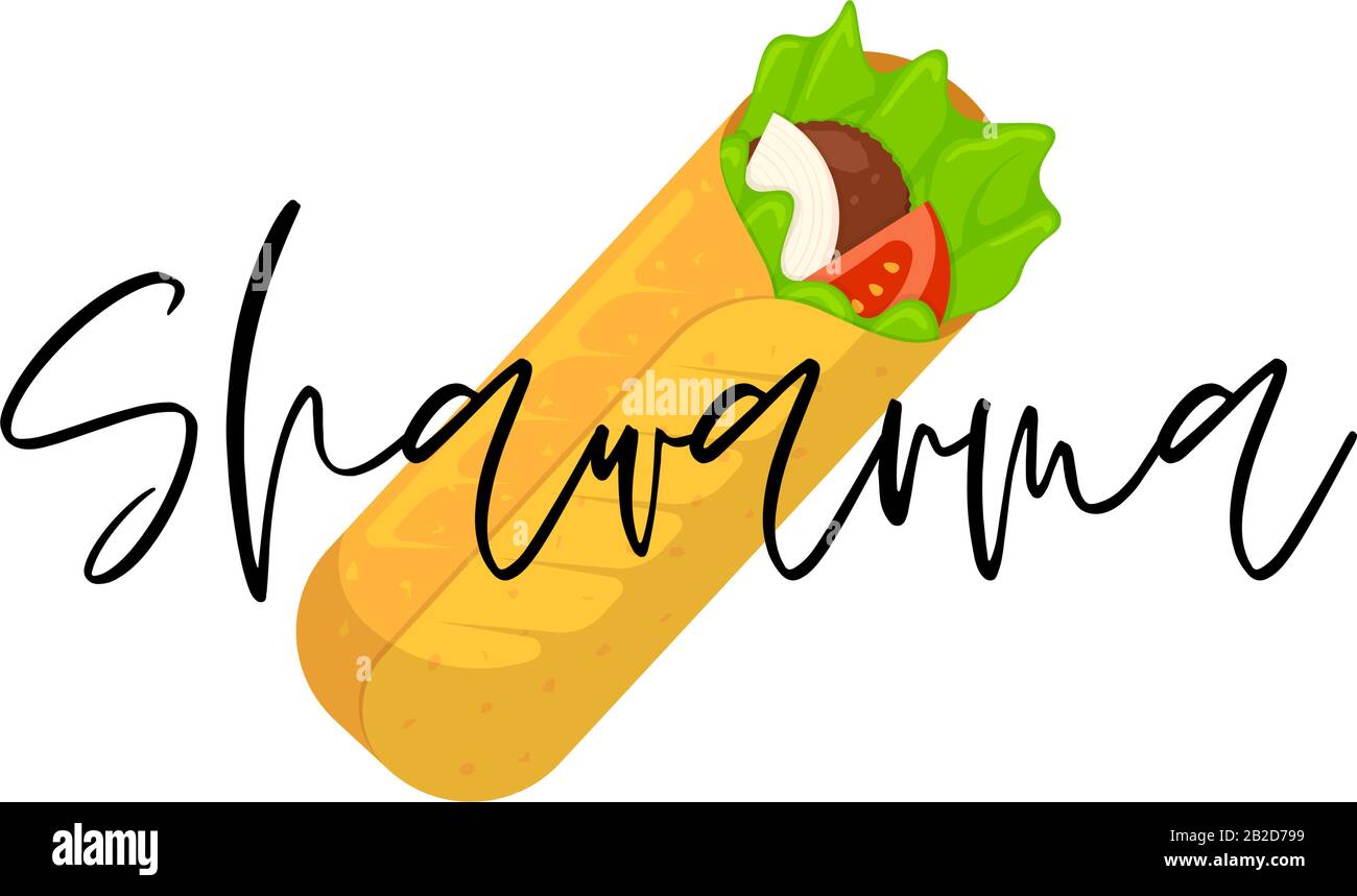 Shawarma Fast-Food-Fleischrolle mit Schriftzug. Arabisches Osttoasty Doner Kebab Mahlzeit. Cartoon Shaurma oder Burrito Flat Vector Illustration Stock Vektor