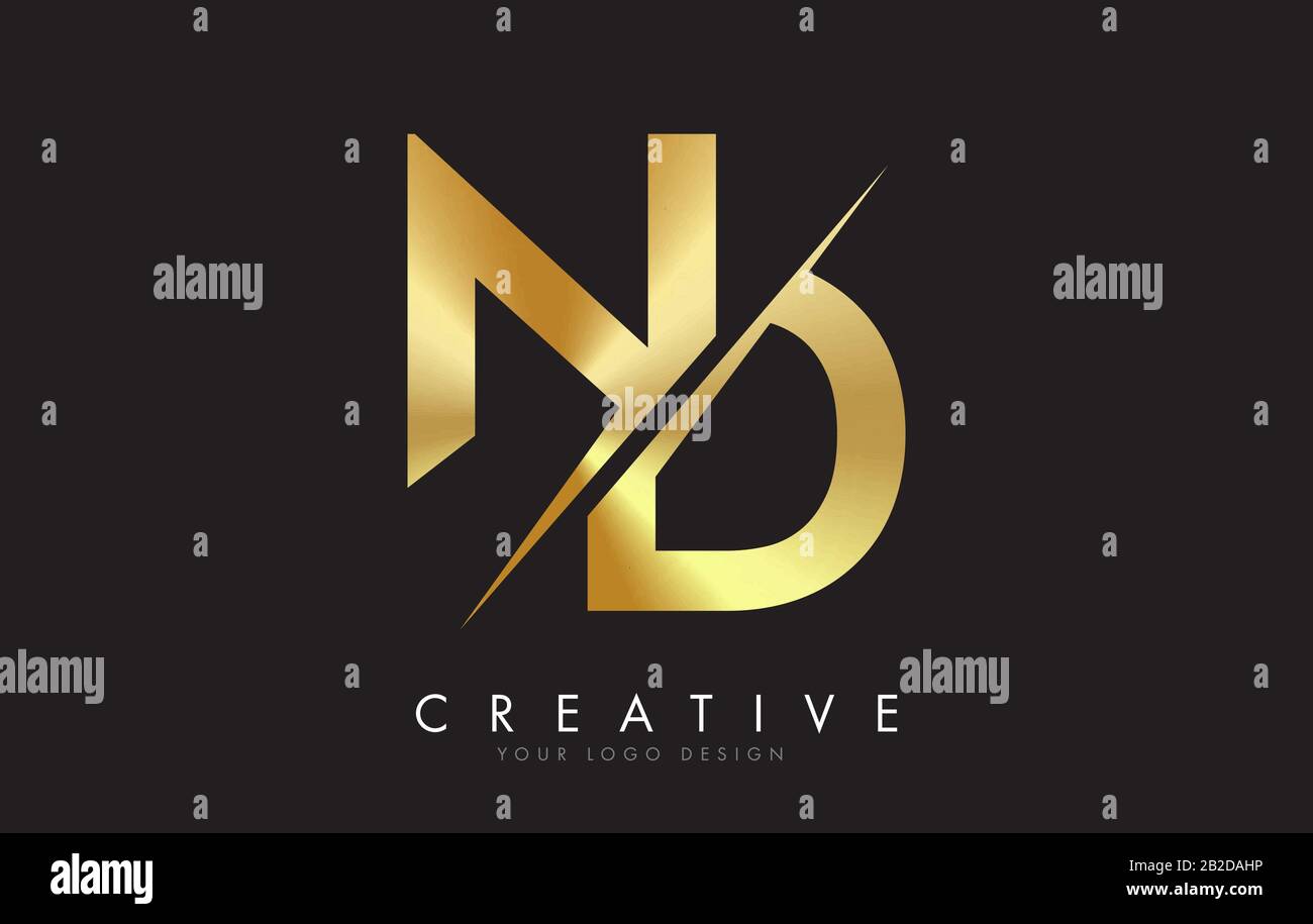 ND N D Golden Letter Logo Design mit Creative Cut. Kreatives Logo-Design mit schwarzem Hintergrund. Stock Vektor