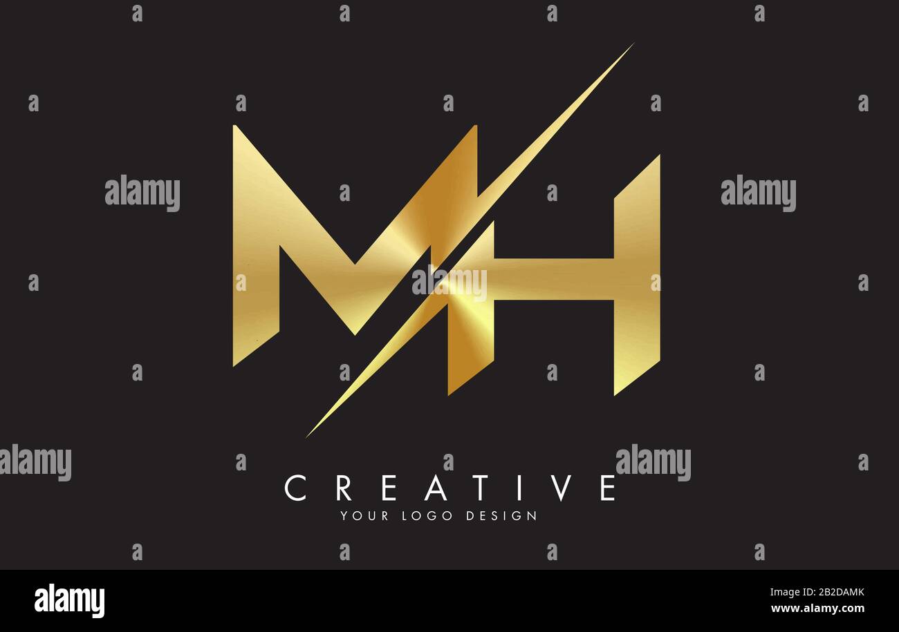 MH M H Golden Letter Logo Design mit kreativem Schnitt. Kreatives Logo-Design mit schwarzem Hintergrund. Stock Vektor