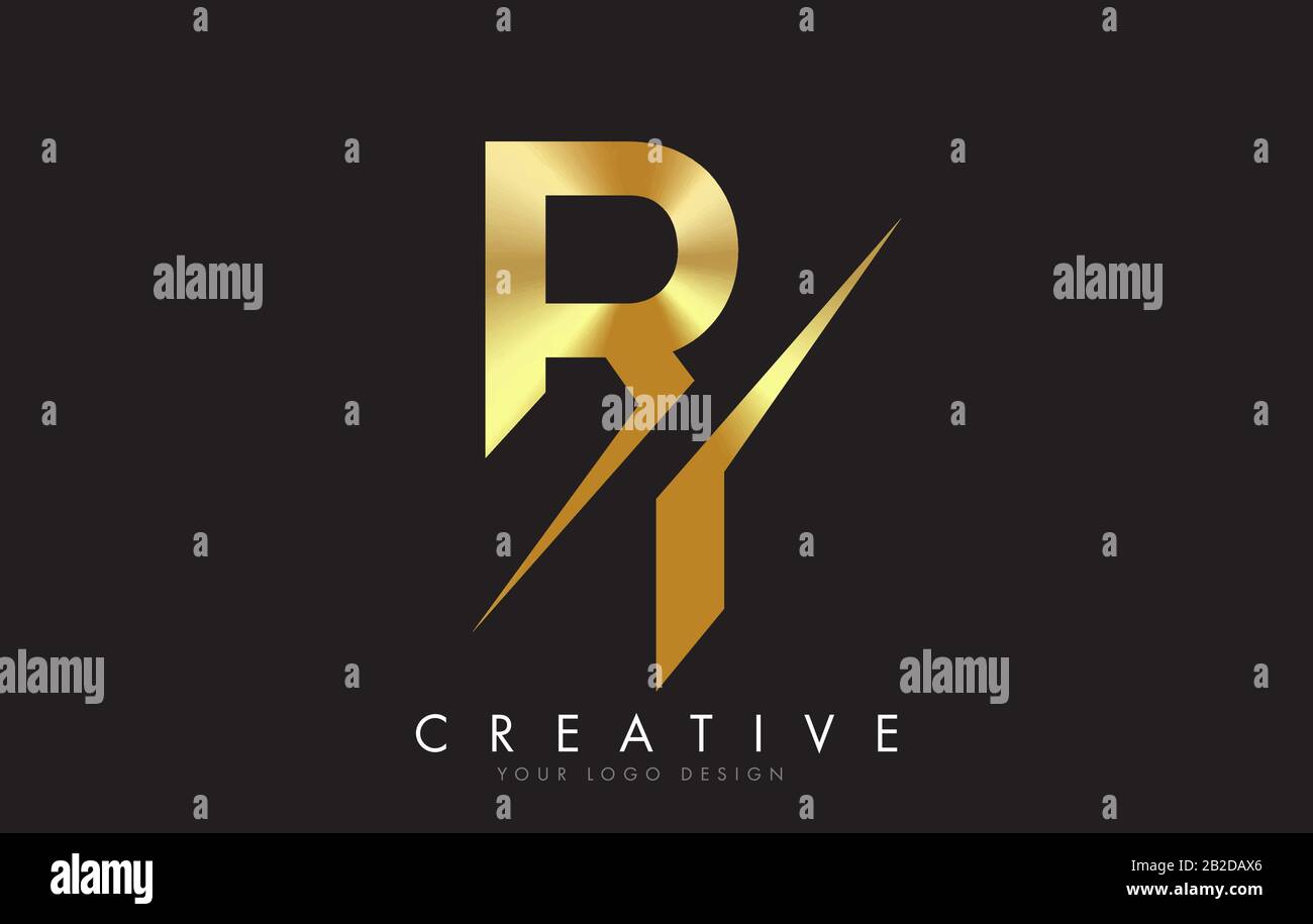 RI R i Golden Letter Logo Design mit kreativem Schnitt. Kreatives Logo-Design mit schwarzem Hintergrund. Stock Vektor