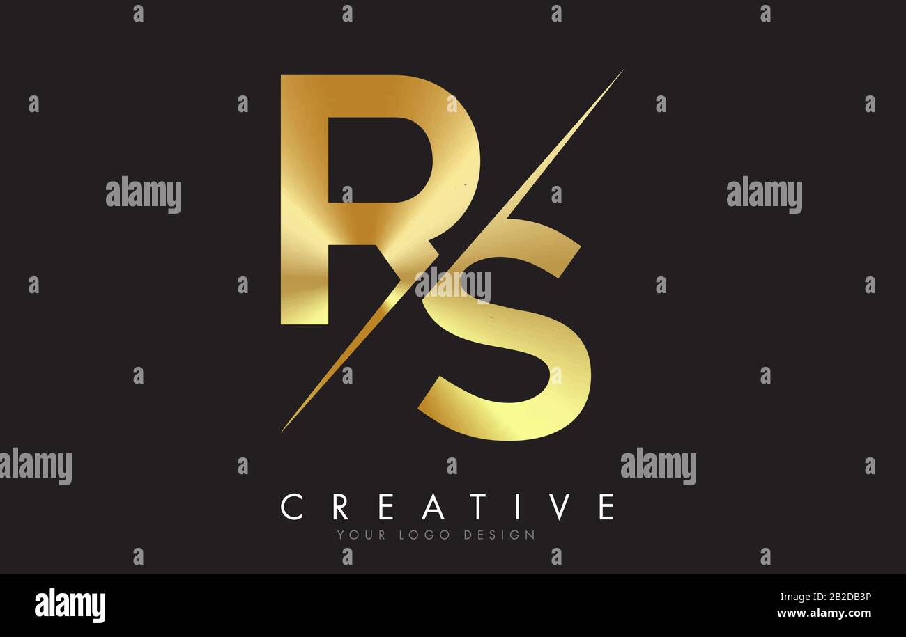 RS R S Golden Letter Logo Design mit kreativem Schnitt. Kreatives Logo-Design mit schwarzem Hintergrund. Stock Vektor