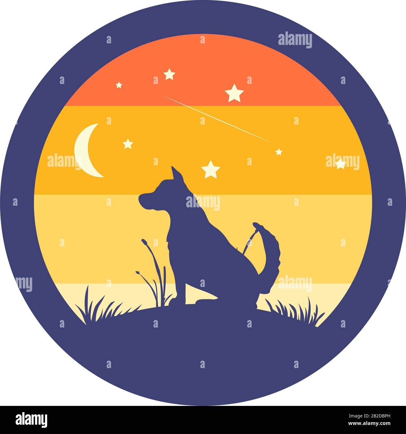 Abbildung: Silhouettenhund im Kreis mit Mond und schönem farbenfrohen Hintergrund Stock Vektor