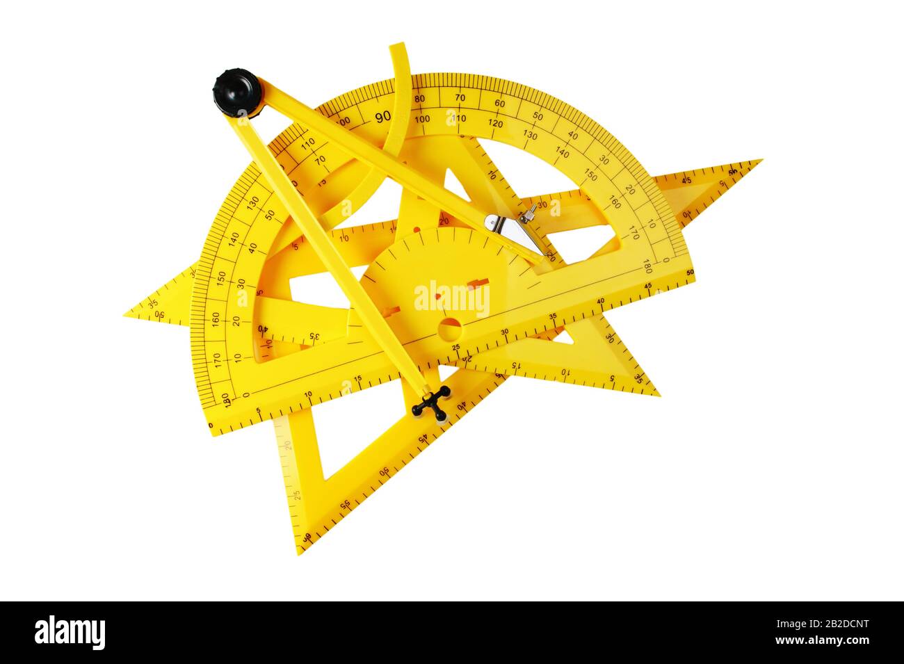 Gelbe Schulwerkzeuge für Geometrie isoliert auf weißem Hintergrund Stockfoto