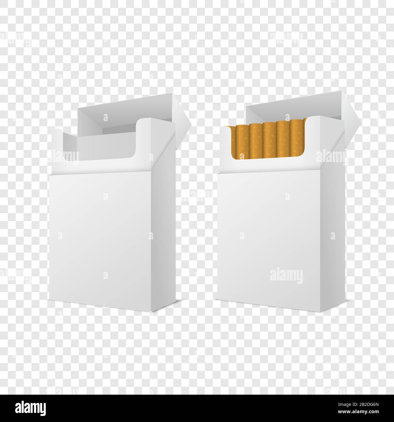 Vector Realistic Geschlossen und Geöffnet Clear Blank Leer und mit Cigarettes Pack Box Isoliert auf Transparentem Hintergrund. Designvorlage. Rauch Stock Vektor