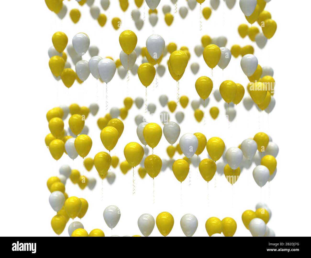 Weiße und gelbe Festballons in Spiralform, isoliert auf weißem Hintergrund. 3D-Rendering Stockfoto