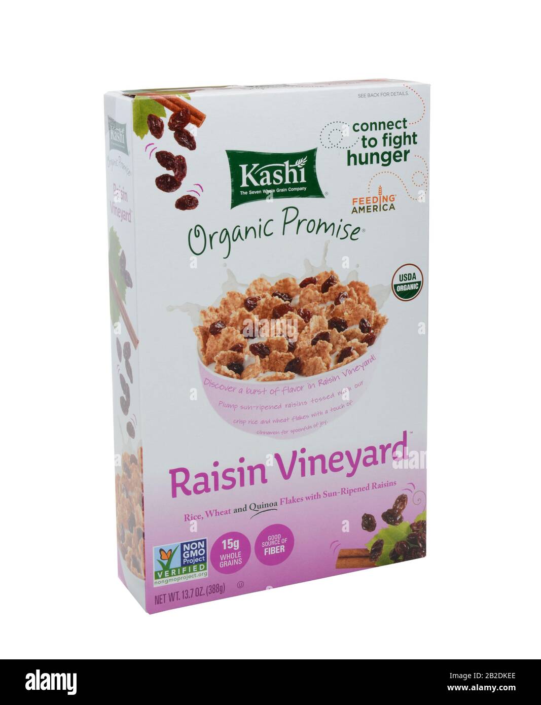 Irvine, CA - 12. DEZEMBER 2014: Eine Schachtel Kashi Raisin Vineyard Frühstückszerealien. Die Firma Kashi produziert eine Linie von biologischem, gentechnisch nicht gentechnisch verändertem Getreide, Kracke Stockfoto