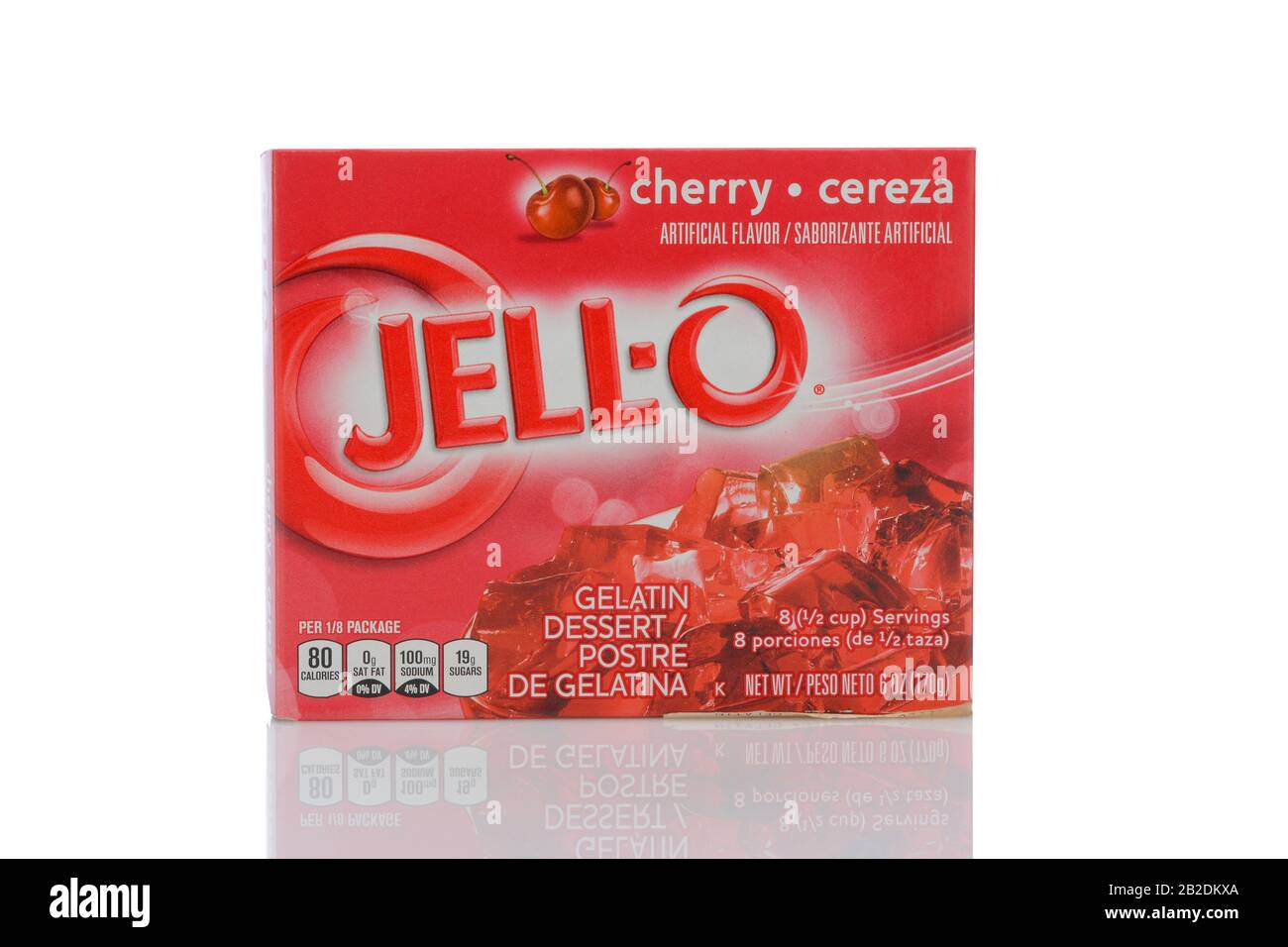 Irvine, KALIFORNIEN - 22. MAI 2019: Eine Schachtel mit Jell-O Cherry aromatisierter Gelatine. Stockfoto
