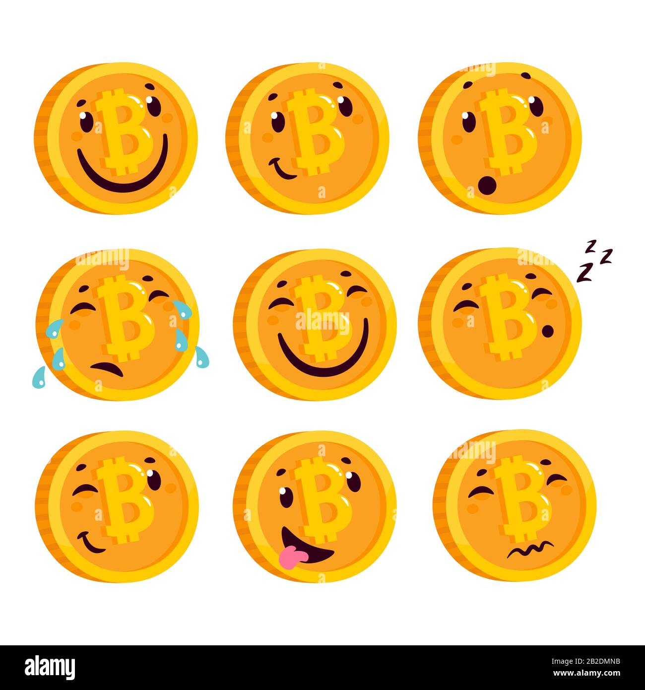 Cartoon Gold und Silber Bitcoin Charakter. Bitcoin Emoticon Set. Stock Vektor