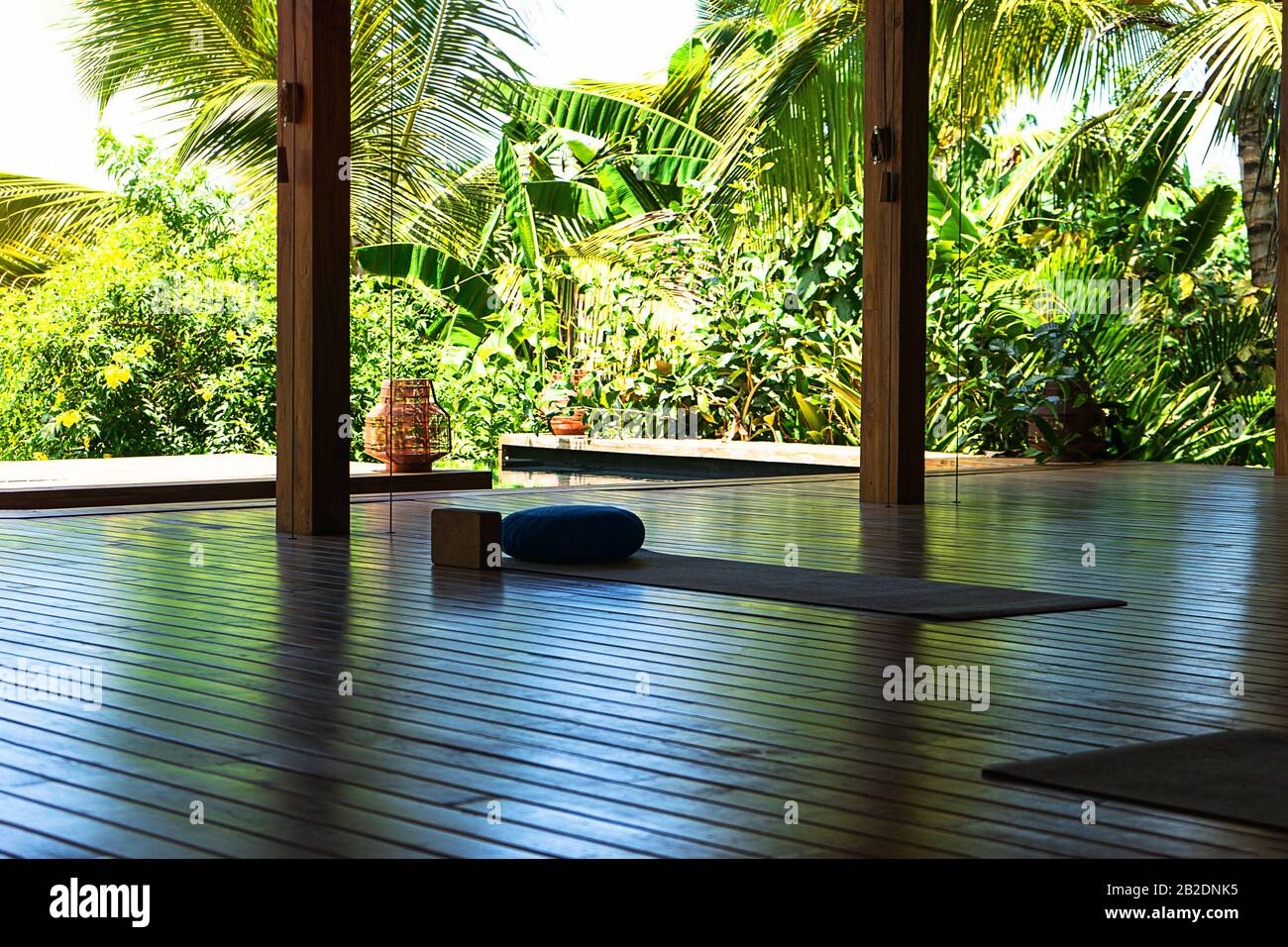 Öffnen Sie das tropische Yoga-Studio mit Blick auf den schönen Garten mit Palmen und Meer. Urlaubskonzept. Stockfoto
