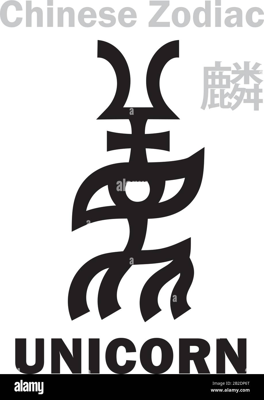 Astrologie-Alphabet: Unicorn [鹿粦]-Zeichen des chinesischen Tierkreises. Qilin/Kylin, das fünfte Legendäre verheißungsvolle Tier, Guardian of Midst und Sovereign of Centre. Stock Vektor