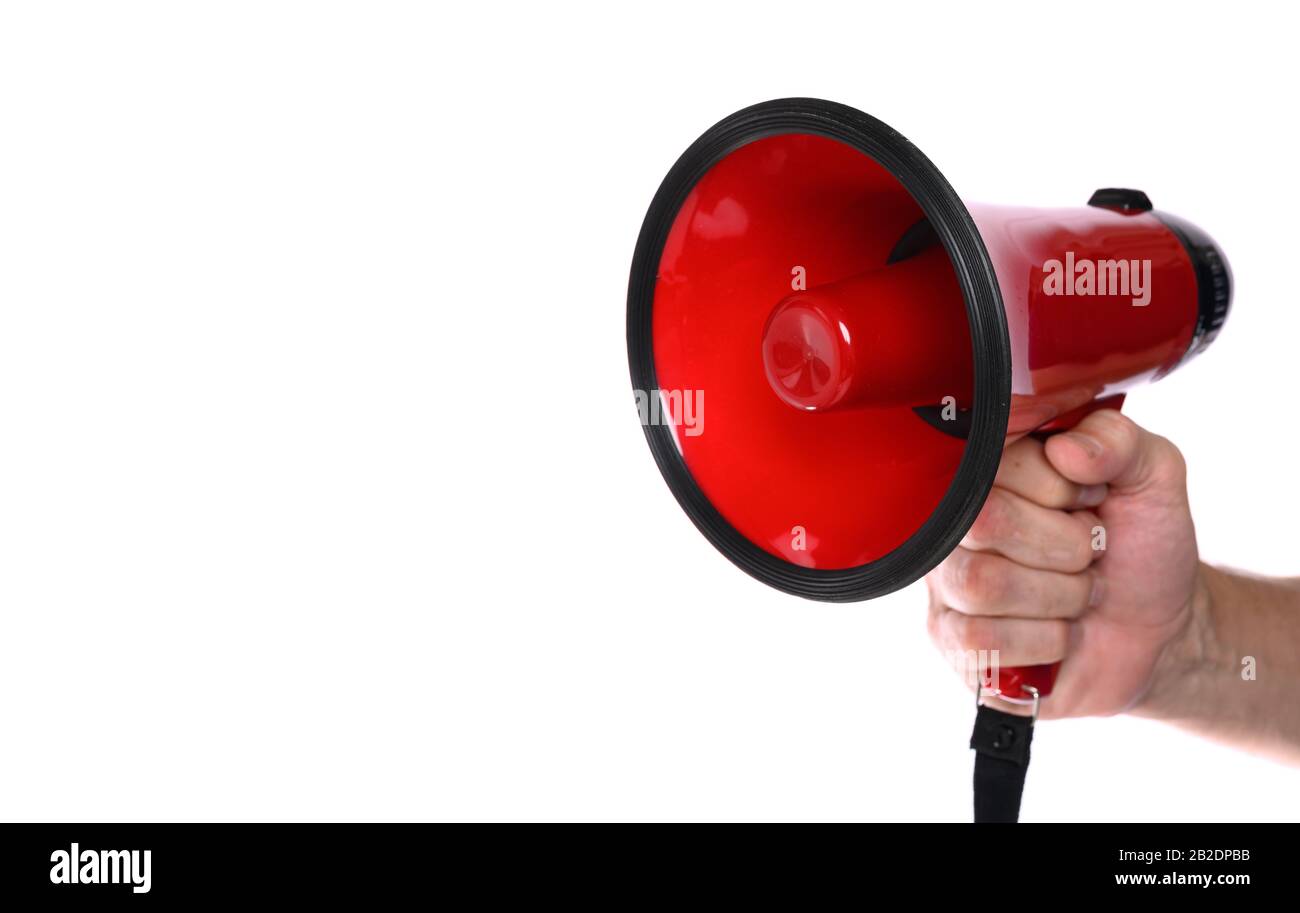 Rotes Megafon auf weißem Hintergrund Stockfoto