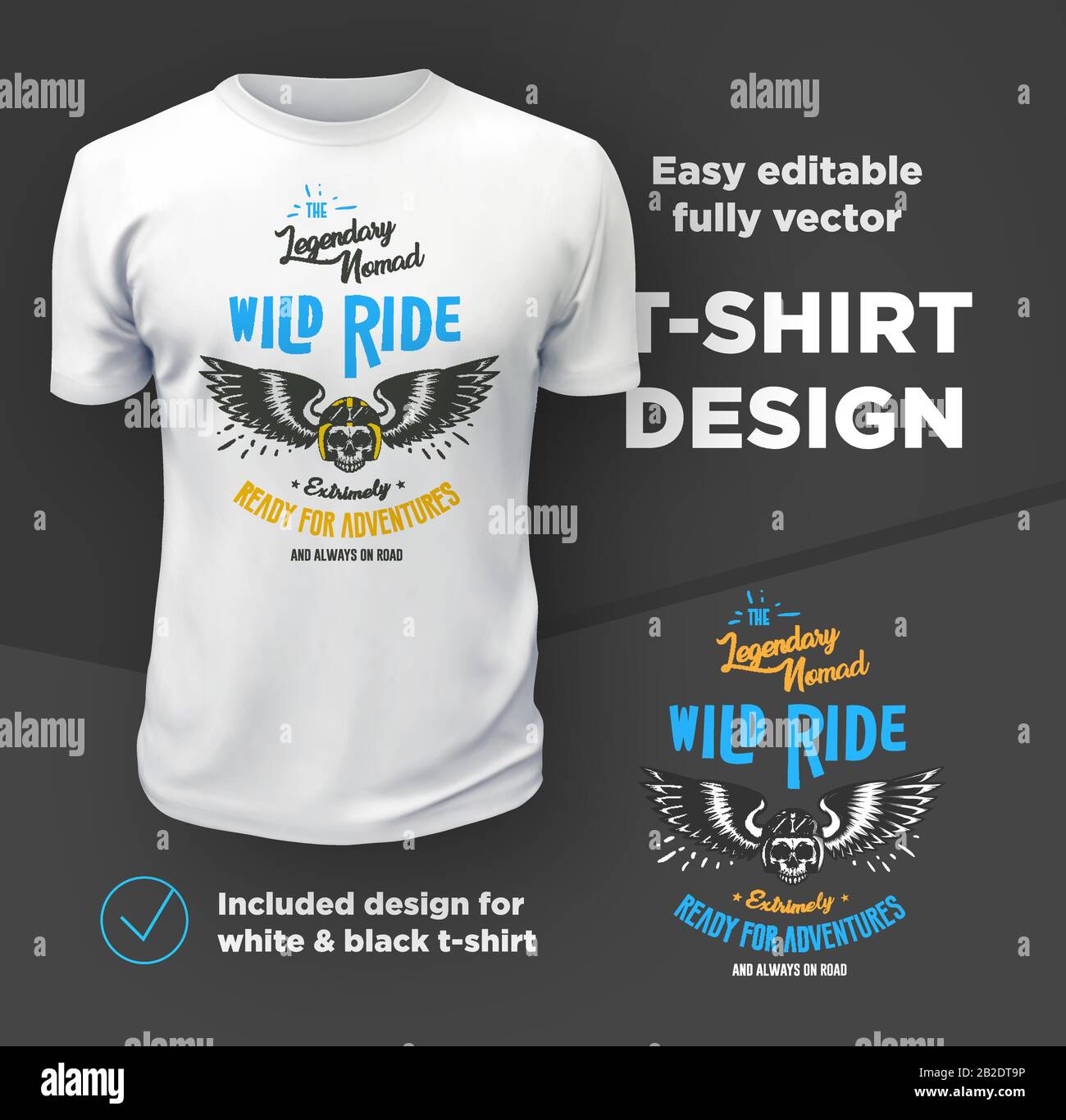 Klassisches, amerikanisches Design mit Biker-Club-Druck, isoliert auf weißem T-Shirt Mockup. Stock Vektor