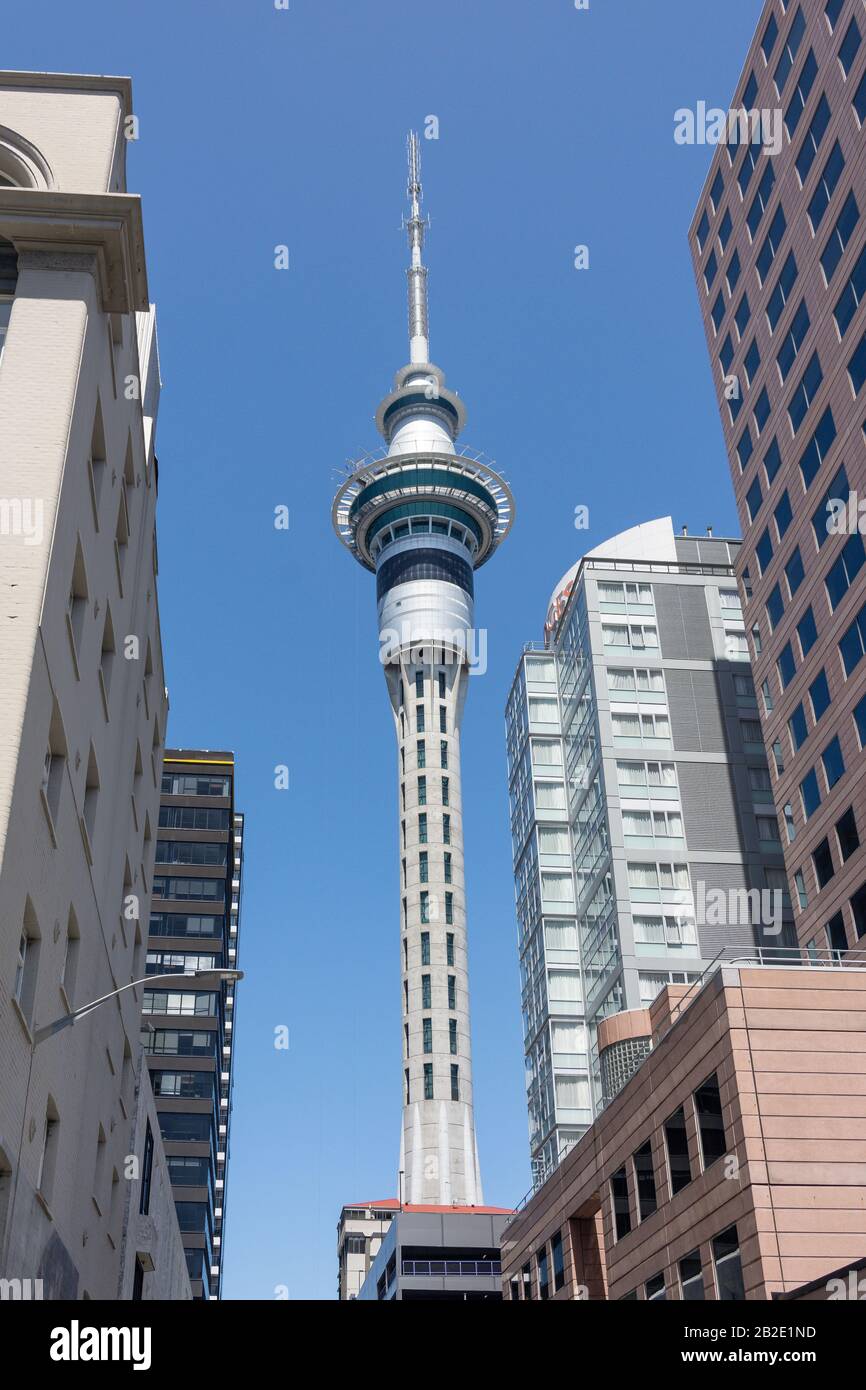 Der Auckland Sky Tower von der Albert Street, dem Stadtzentrum, Auckland, der Region Auckland, Neuseeland Stockfoto