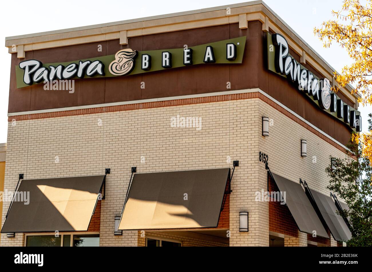 Charlotte, NC/USA - 9. November 2019: Mittelgroße horizontale Aufnahme von Schaufassen-Beschilderung für Marke "Panera Bread" mit Logo. Stockfoto