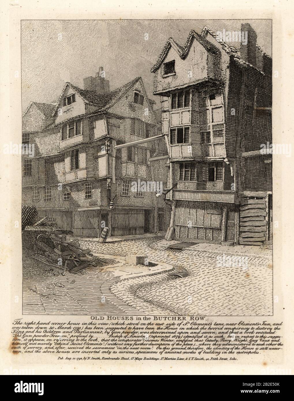 Alte Häuser in der Butcher Row, London Das rechte Eckhaus an der St. Clement's Lane wird von den Führern des Gunpowder Grundstücks angeblich genutzt. Kupferstich von John Thomas Smith nach Originalzeichnungen von Mitgliedern der Society of Antiquaries aus seinem J.T. Smith's Antiquities of London and its Environs, J. Sewell, R. Folder, J. Simco, London, im Jahre 1798. Stockfoto