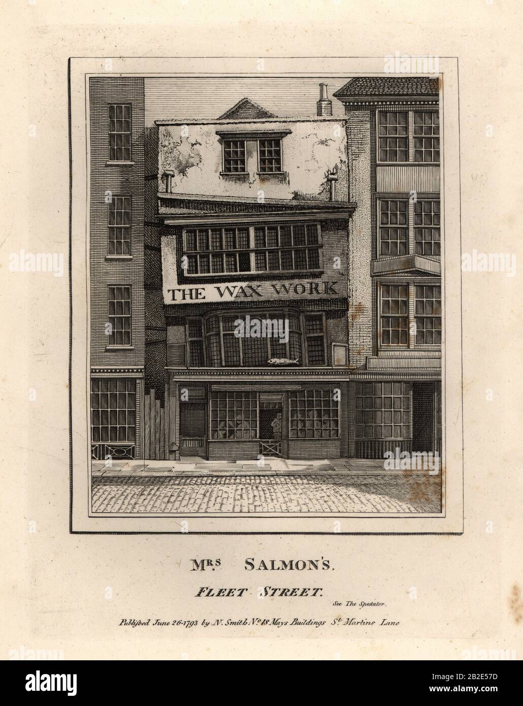 Mrs. Salmon's Waxworks Museum, an der Horn Tavern, 17 Fleet Street. Sie hatte 140 Wachsfiguren und wurde von der Firma Mrs. Clark von der Zeit von 1760 bis zum Jahr 1812 geleitet. Kupferstich von John Thomas Smith nach Originalzeichnungen von Mitgliedern der Society of Antiquaries aus seinem J.T. Smith's Antiquities of London and its Environs, J. Sewell, R. Folder, J. Simco, London, 17991. Stockfoto