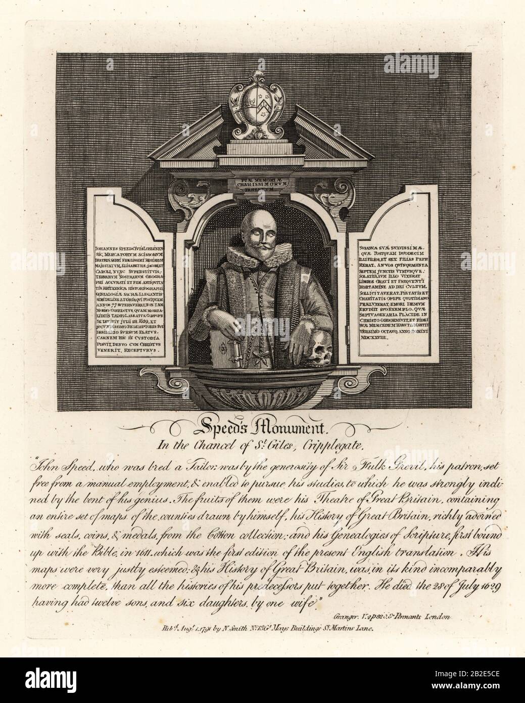 John Speed-Denkmal im Chor von St. Giles, Cripplegate. Speed war ein elisabethanischer Kartograf und Historiker 1551-1629, der in Spitzentruppe und Doublett dargestellt war und Buch und Schädel hielt. Kupferstich von John Thomas Smith nach Originalzeichnungen von Mitgliedern der Society of Antiquaries aus seinem J.T. Smith's Antiquities of London and its Environs, J. Sewell, R. Folder, J. Simco, London, 1791. Stockfoto