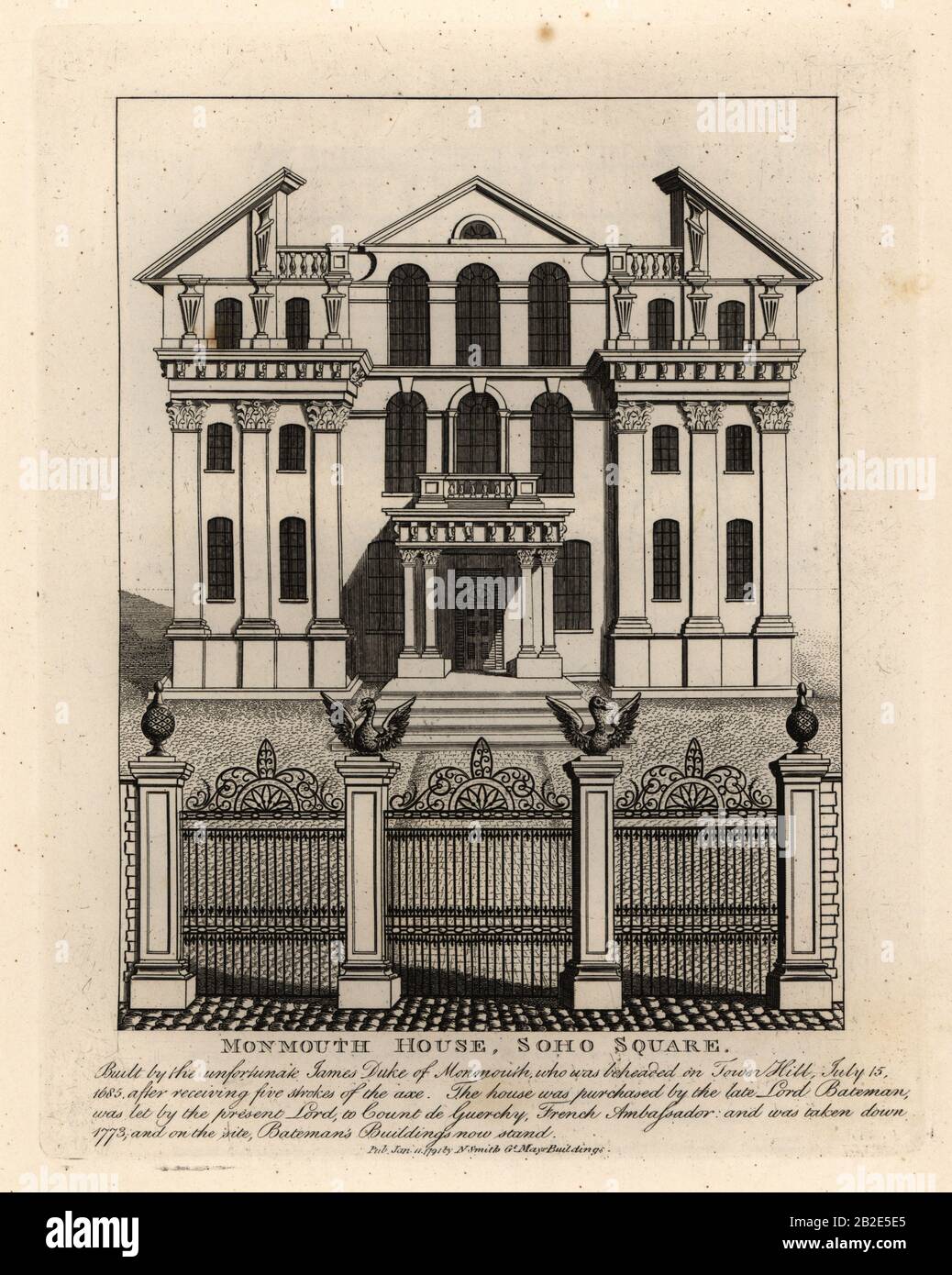 Monmouth House, Soho Square, abgerissen im Jahr 73h. Erbaut vom unglücklichen James Herzog von Monmouth, enthauptet auf dem Tower Hill, 15. Juli 1685. Kupferstich von John Thomas Smith nach Originalzeichnungen von Mitgliedern der Society of Antiquaries aus seinem J.T. Smith's Antiquities of London and its Environs, J. Sewell, R. Folder, J. Simco, London, 1791. Stockfoto