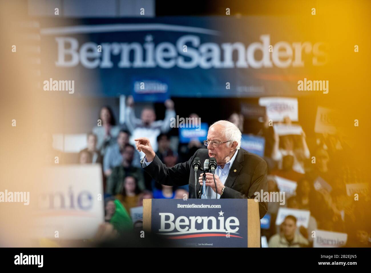 Der demokratische Präsidentschaftskandidat Bernie Sanders bei einer Wahlkampfveranstaltung am Wofford College in South Carolina. Stockfoto