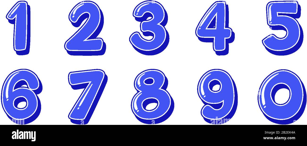 Schriftdesign für Zahlen von eins bis Null auf weißer Hintergrundabbildung Stock Vektor
