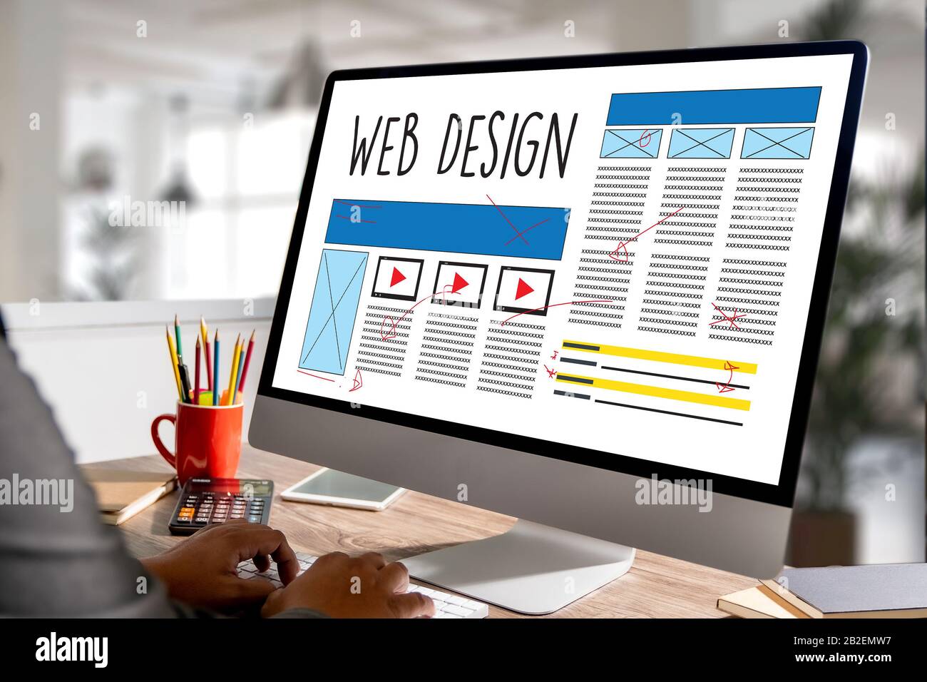 Web Design Website Homepage man Work Web Design Online-Inhalte Stockfoto