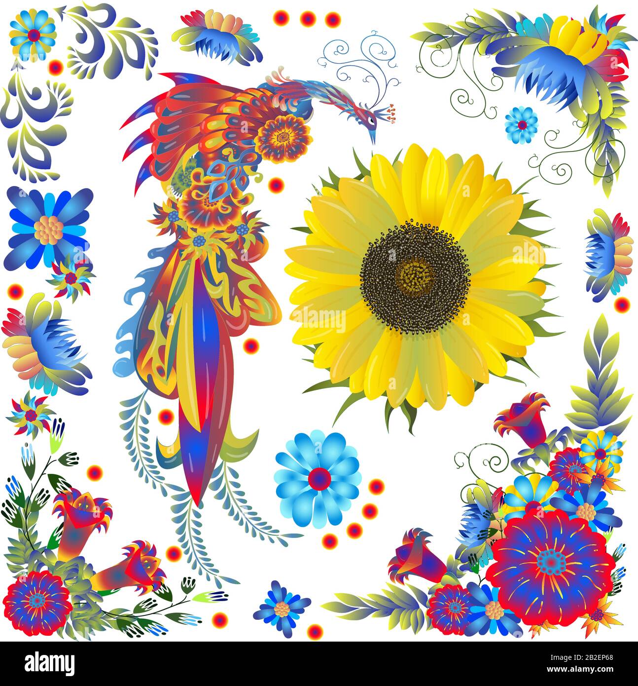 Blumen und Vögel im ukrainischen Malstil. Vektor auf weißem Hintergrund isoliert Stock Vektor