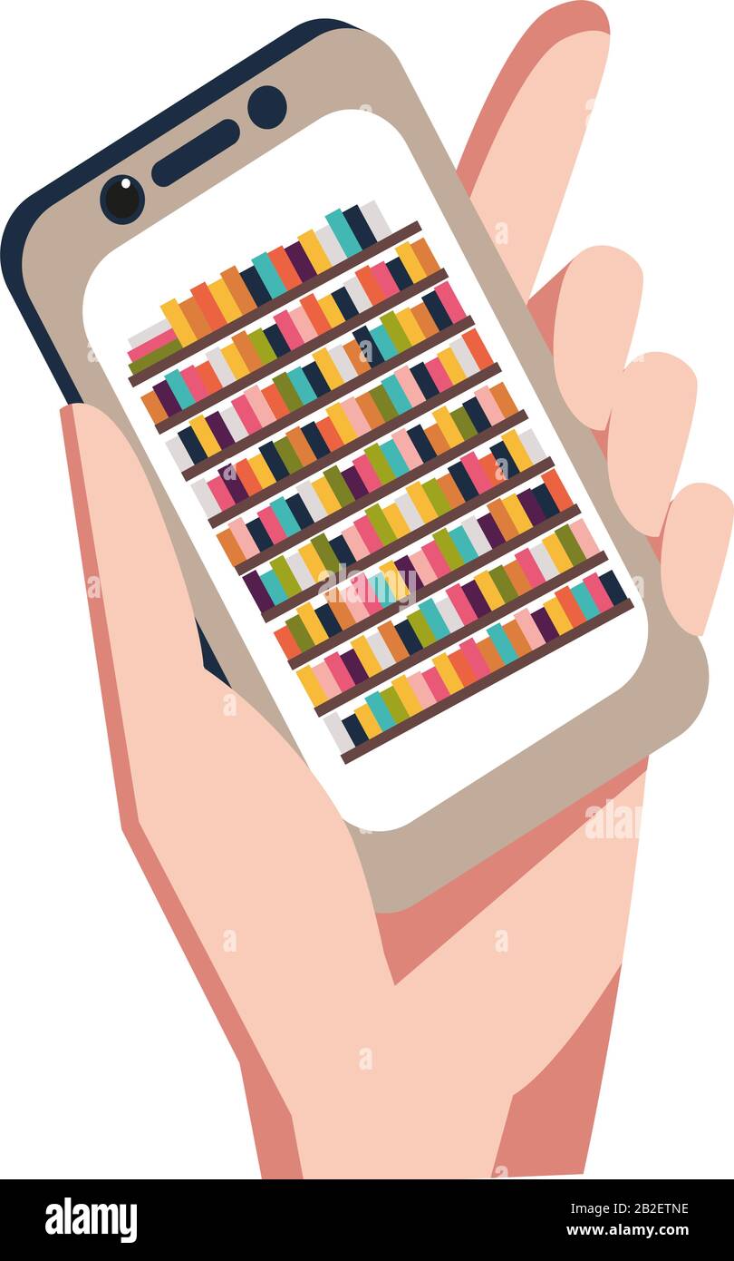 Vector Flat Hand mit Smartphone und Buch, Leseanwendung Stock Vektor