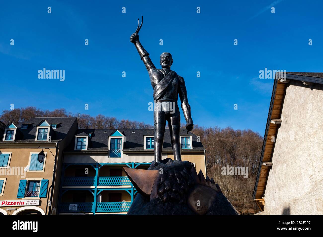 Statue des Radfahrers Eugene Christophe, Sainte-Marie de Campan, Bigorre, Frankreich Stockfoto