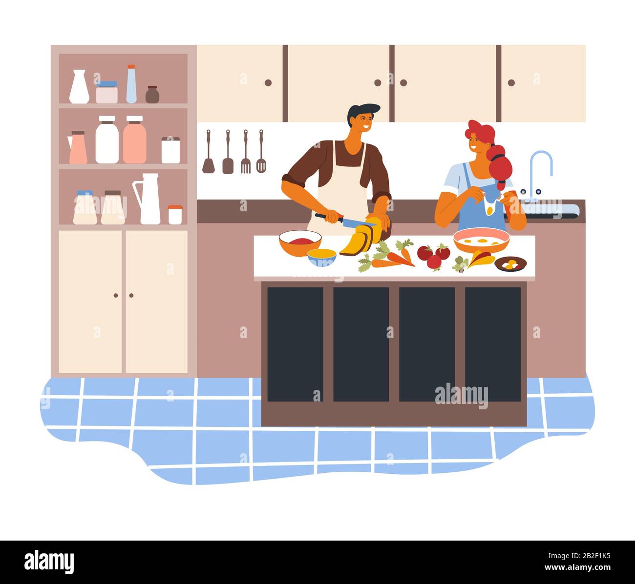 Mann und Frau kochen zu Hause in der Küche Stock Vektor