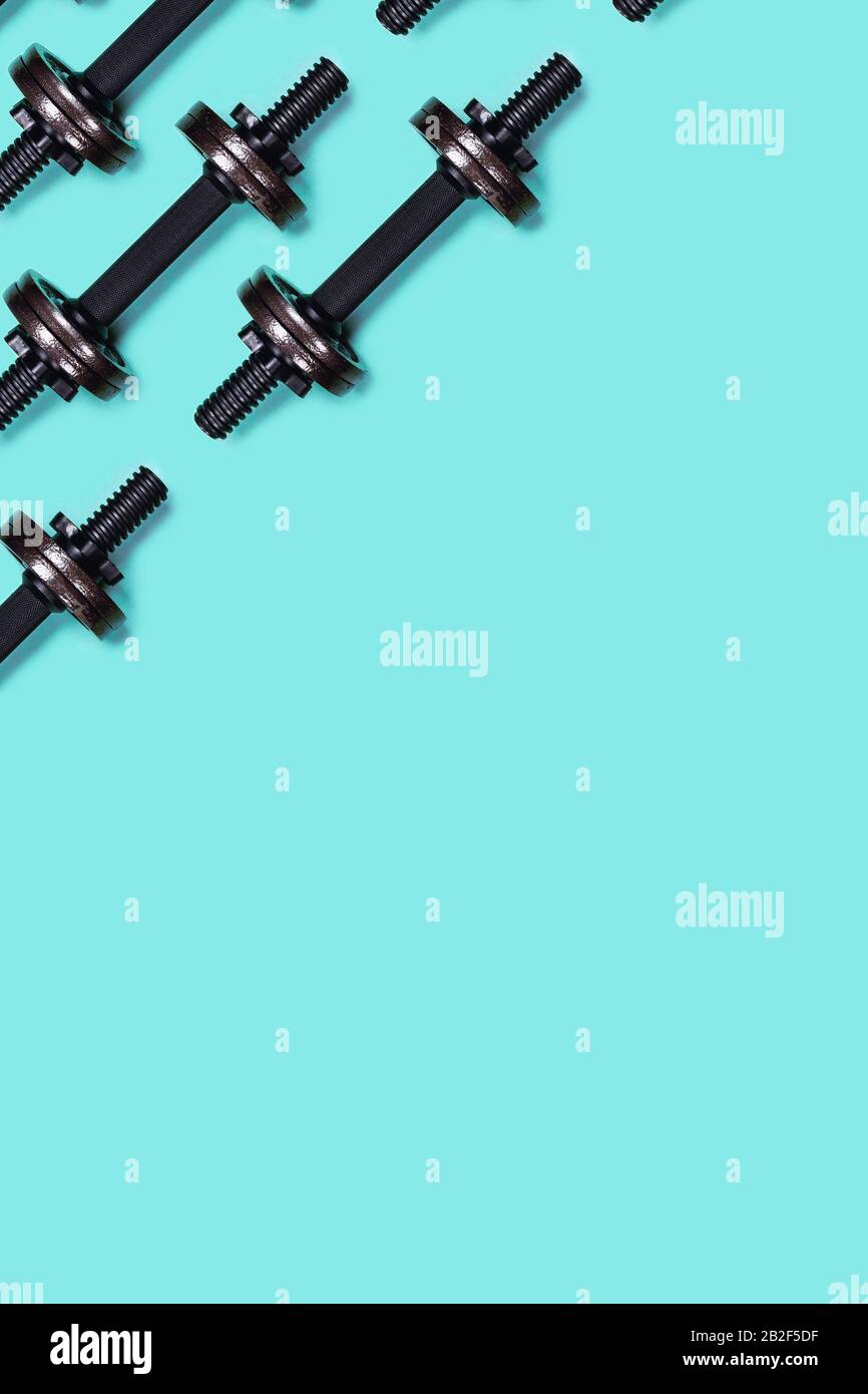 Vertikales Sportbild. Hanteln auf blauem Grund. Flaches Layout, Draufsicht, Kopierbereich. Stockfoto