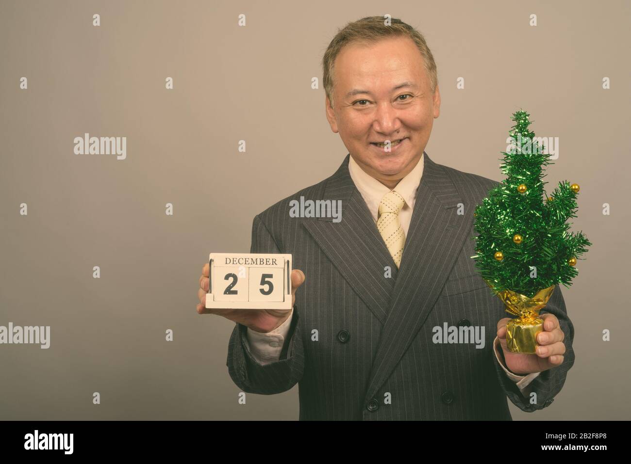 Studio Schuss eines reifen asiatischen Kaufmanns bereit für Weihnachten vor grauem Hintergrund Stockfoto