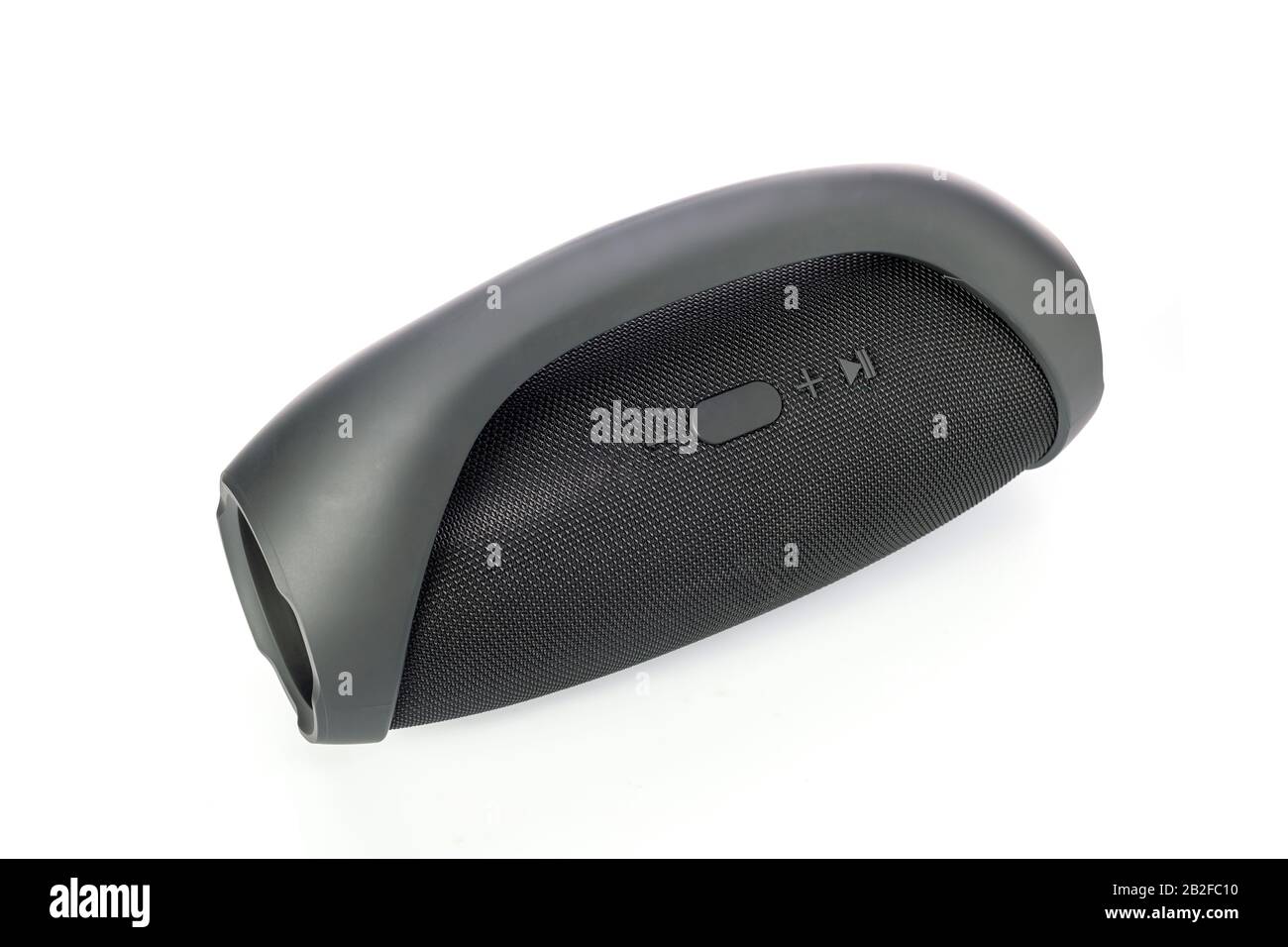 Kabelloser, tragbarer bluetooth-lautsprecher in Schwarz, mobiler Lautsprecher isoliert auf weißem Hintergrund Stockfoto