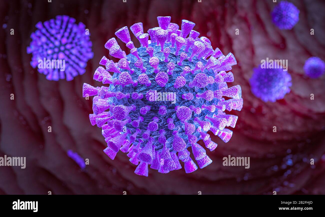 Detail des Corona-Virus unter dem Mikroskop. 3d Render. Konzept der asiatischen und generischen Grippe- und Virusinfektion. Stockfoto