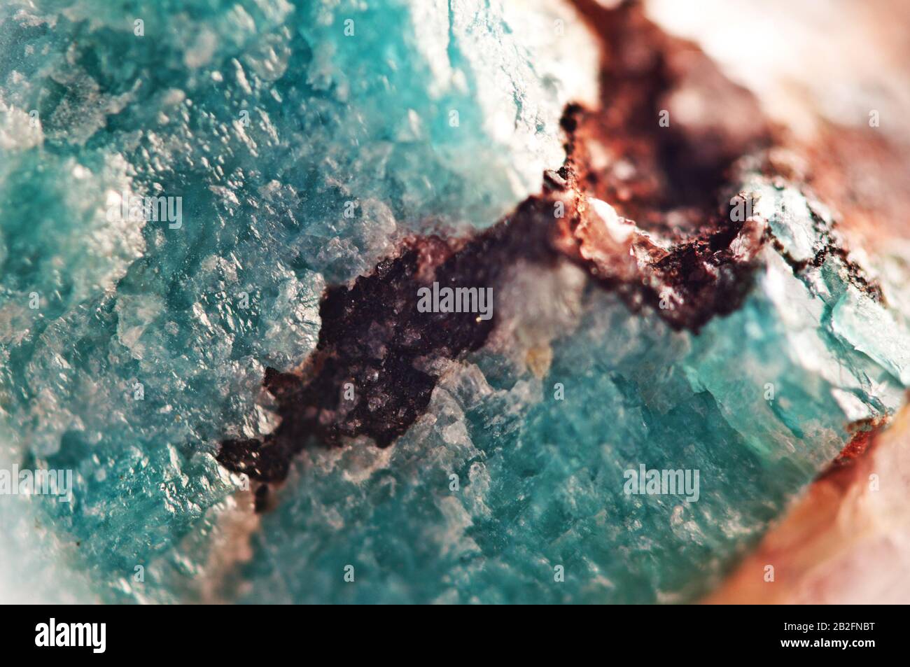 Hintergrund des natürlichen Mineralstoffs. Türkisfarbener Kristall in einem dunkelbraunen Nugget. Stockfoto