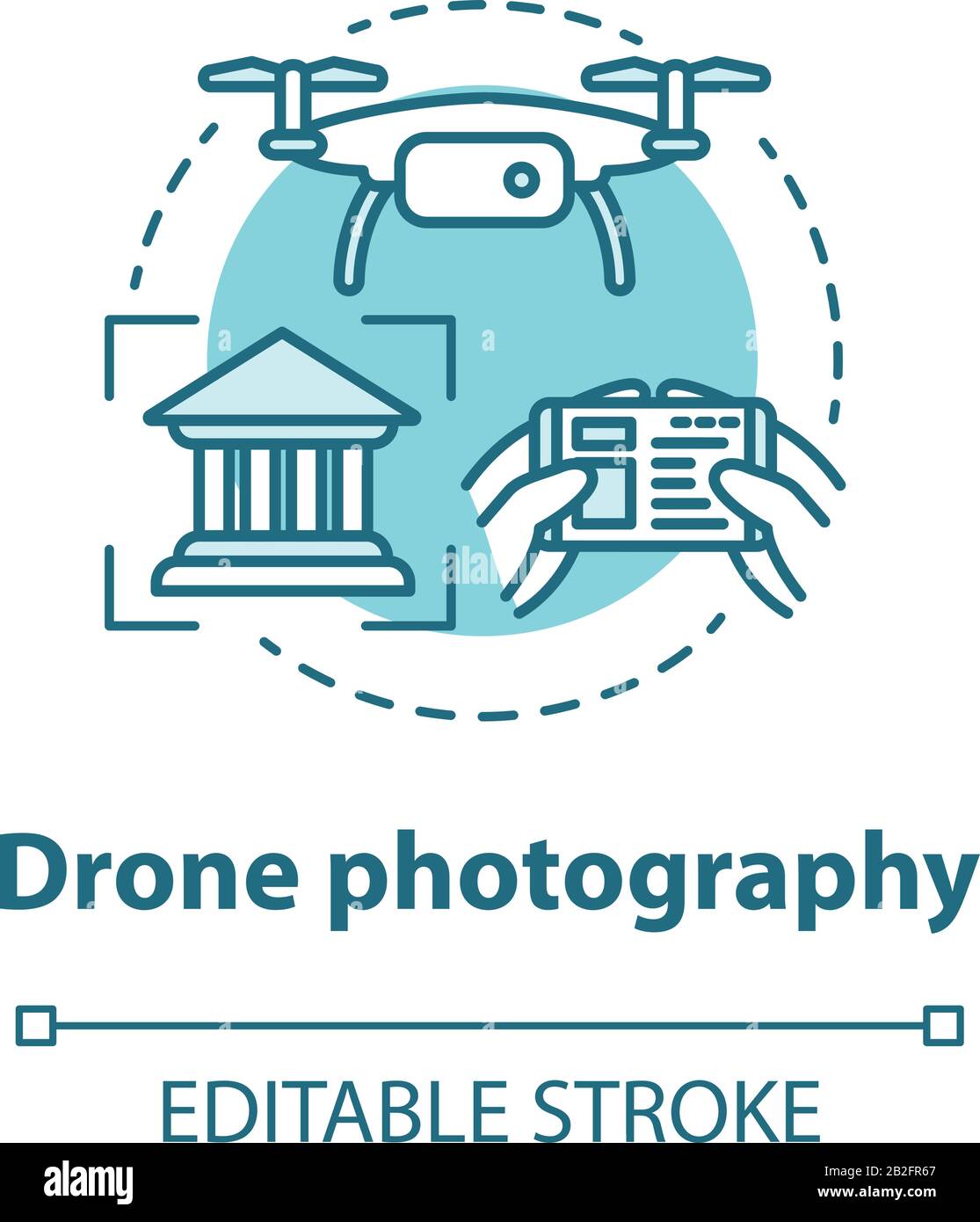 Symbol für das Konzept der Dron-Fotografie. Quad Copter mit Kamera-Spionage im Haus. Aufnehmen historischer Objekte aus ungewöhnlichem Winkel. Vektor isoliert Umriss RGB Stock Vektor