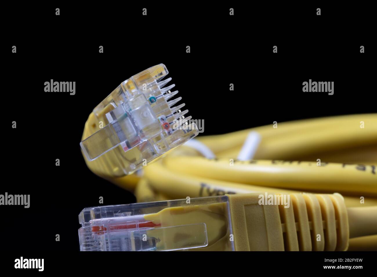 Ethernet-Kabel mit RJ45-Steckern auf schwarzem Hintergrund isoliert. Stockfoto