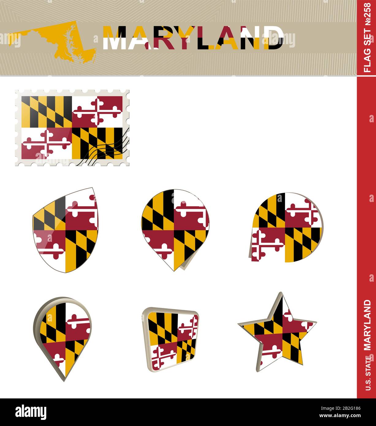Maryland Flaggen-Set, US-Bundesstaat, Flaggen-Set #258. Vektor. Stock Vektor